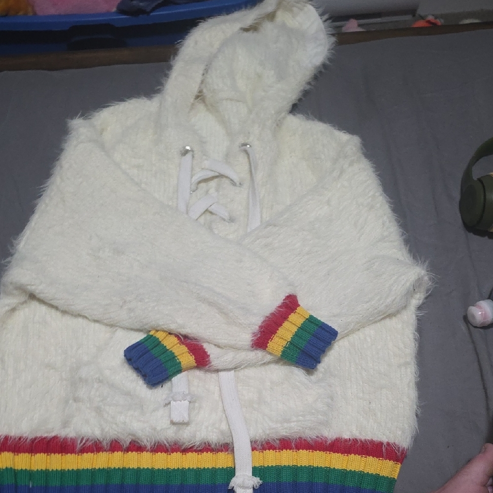 Cozy Cream Sweater with Rainbow Accents